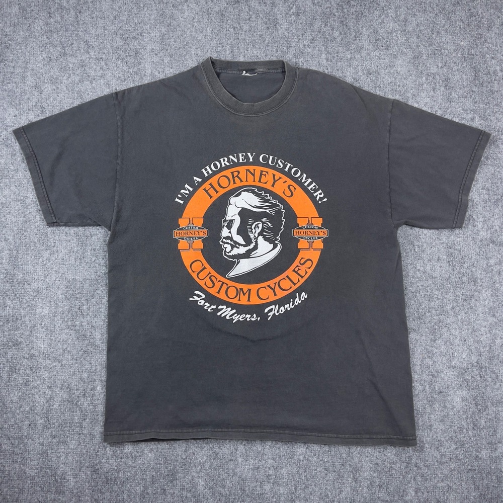 Horney's Custom Cycles T-Shirt Mens XL Black Vintage 2001 Florida Biker Graphic